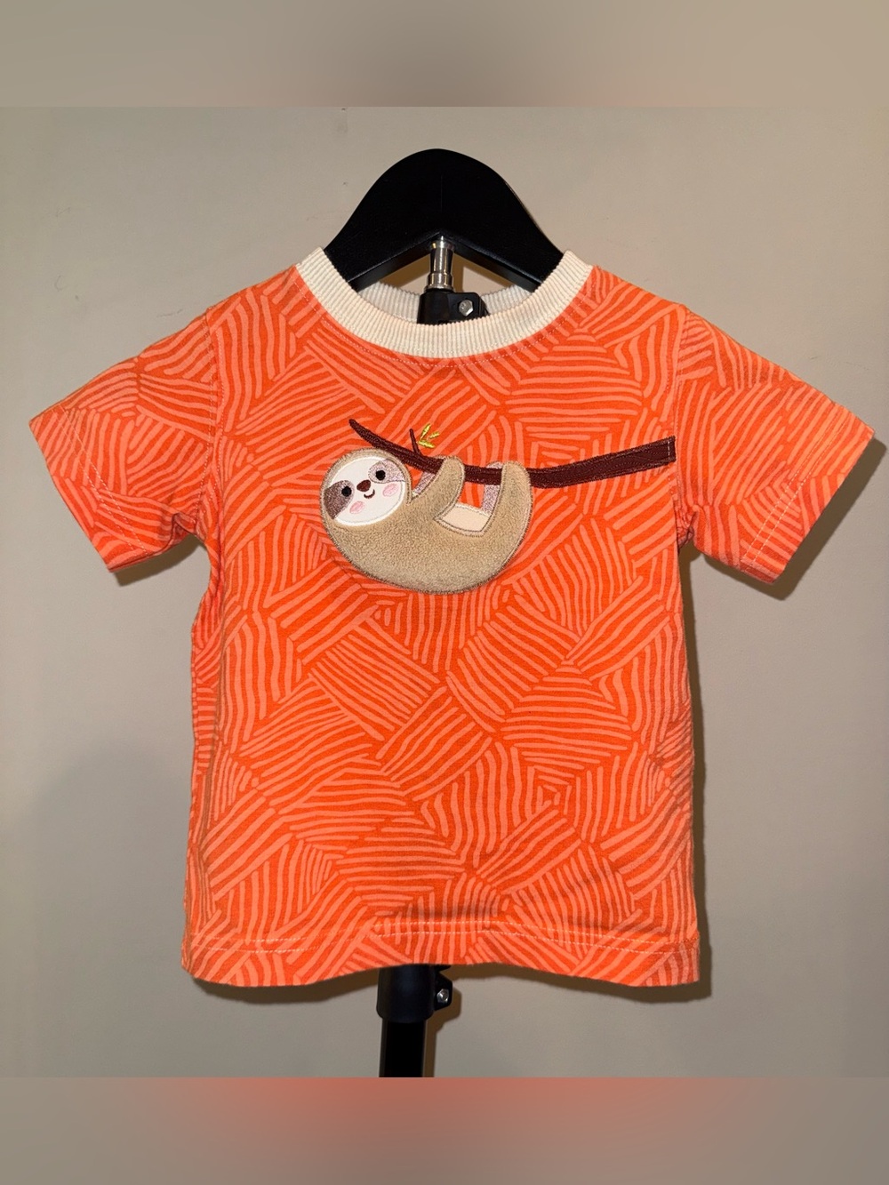 Ricrac & Ruffles short sleeve orange tee with sloth appliqué, size 4T